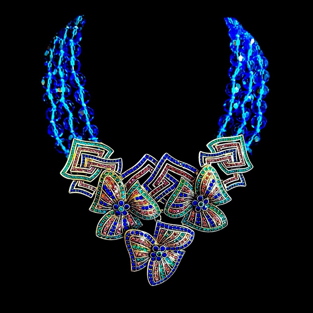 Heidi Daus Bold Blue Multicolor Crystal Floral Statement Necklace - Picture 5 of 6